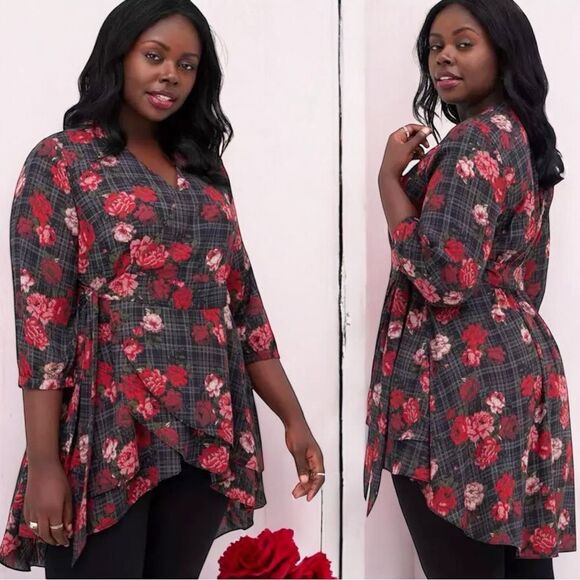 torrid Tops - Torrid Black Floral Plaid Georgette Wrap Tunic Blouse Size 2 2XL